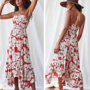 Women's Free People Red Cream Floral Smocked Midi Dress Size Small EUC